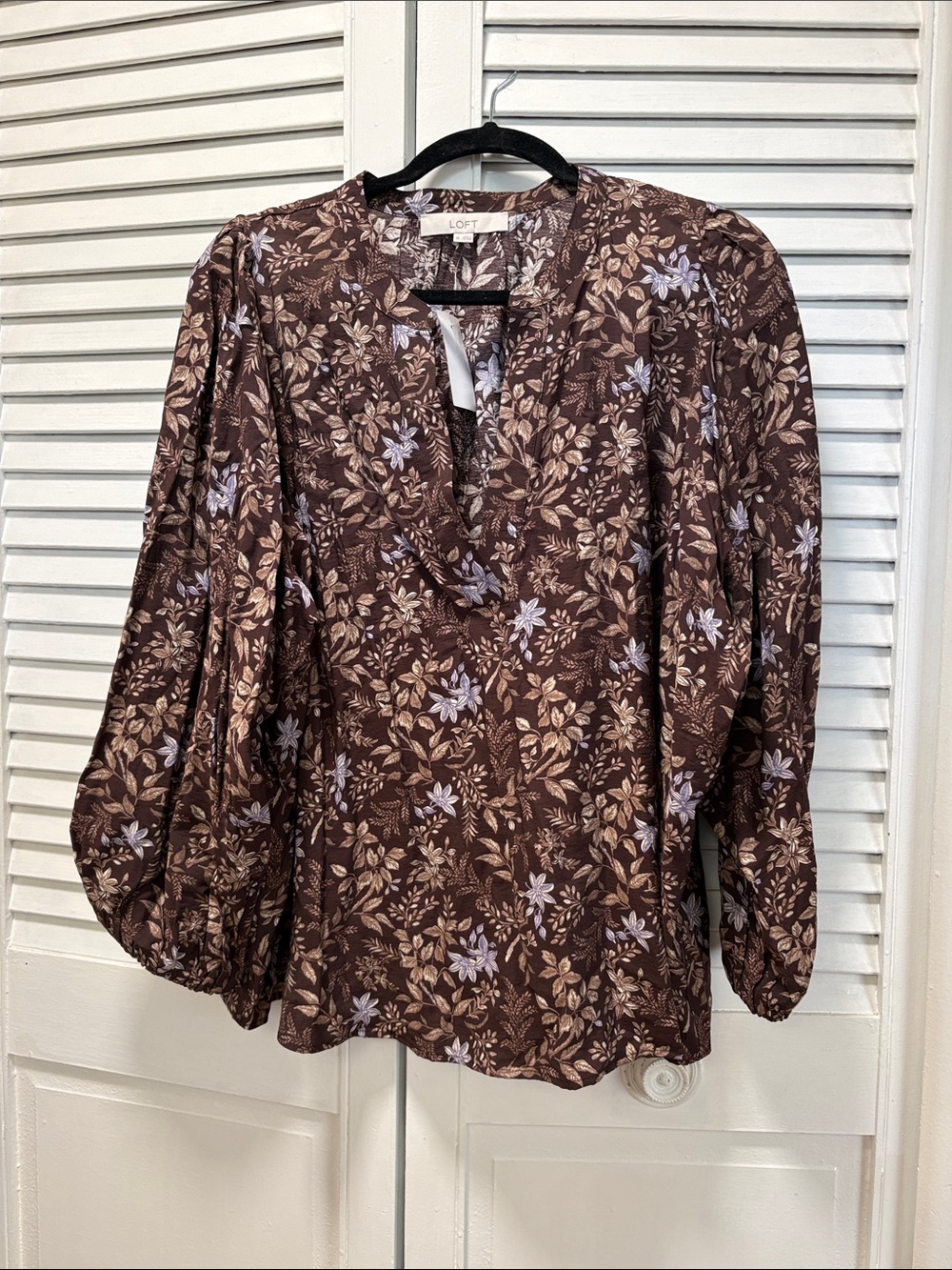 LOFT Brown Floral V-Neck Balloon Sleeve Blouse